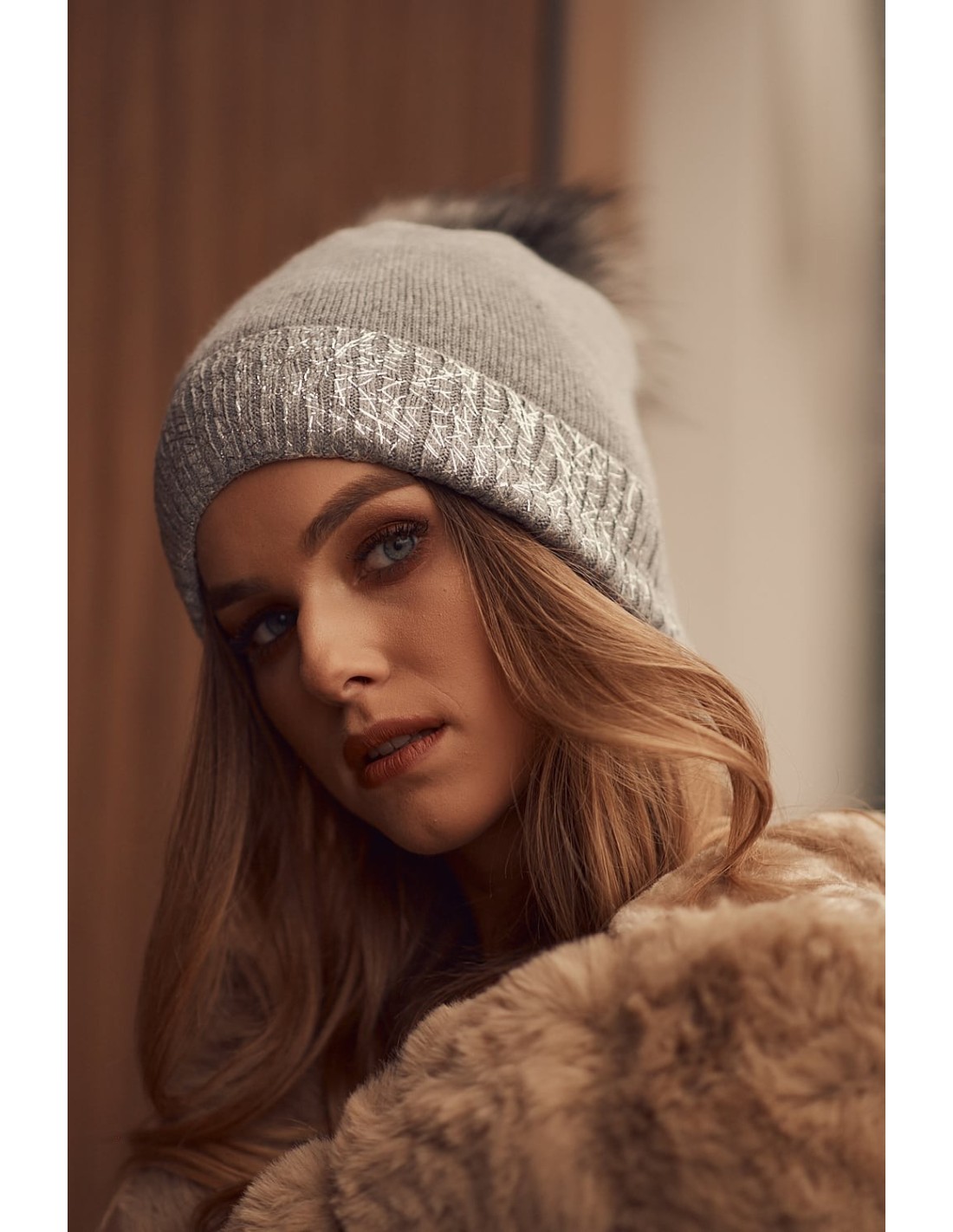 Winter hat with shiny cuff, dark gray C61 - Online store - Boutique